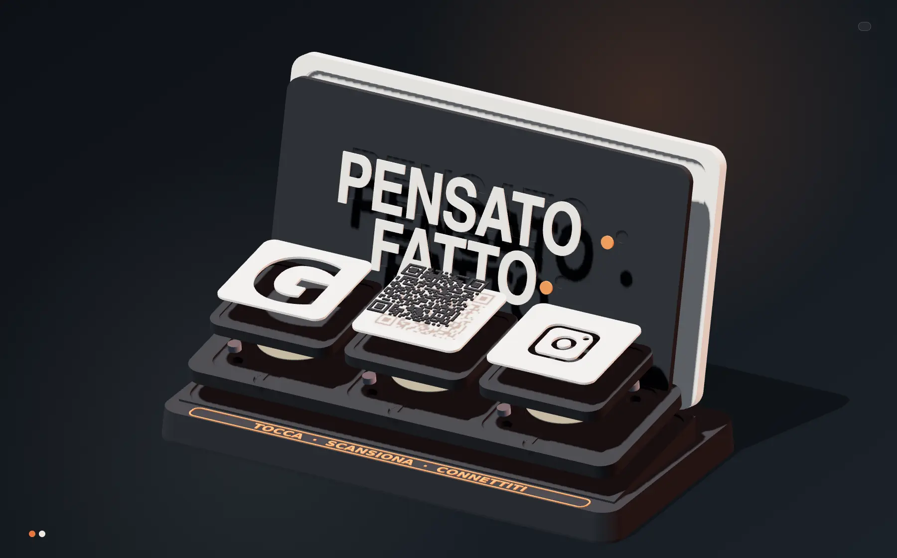 Vista esplosa dello Stand Connect con tile, tag NFC e magneti